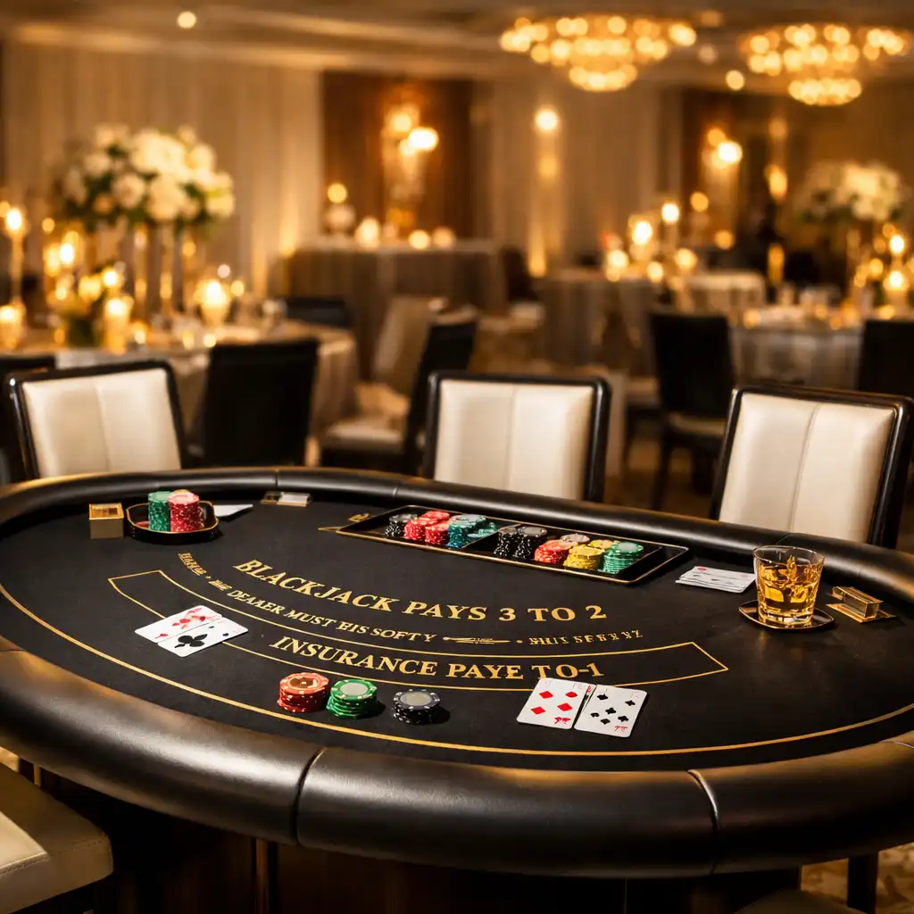 Stylowy stół do blackjacka w klimacie Casino Royale z eleganckim oświetleniem w hotelowej sali balowej