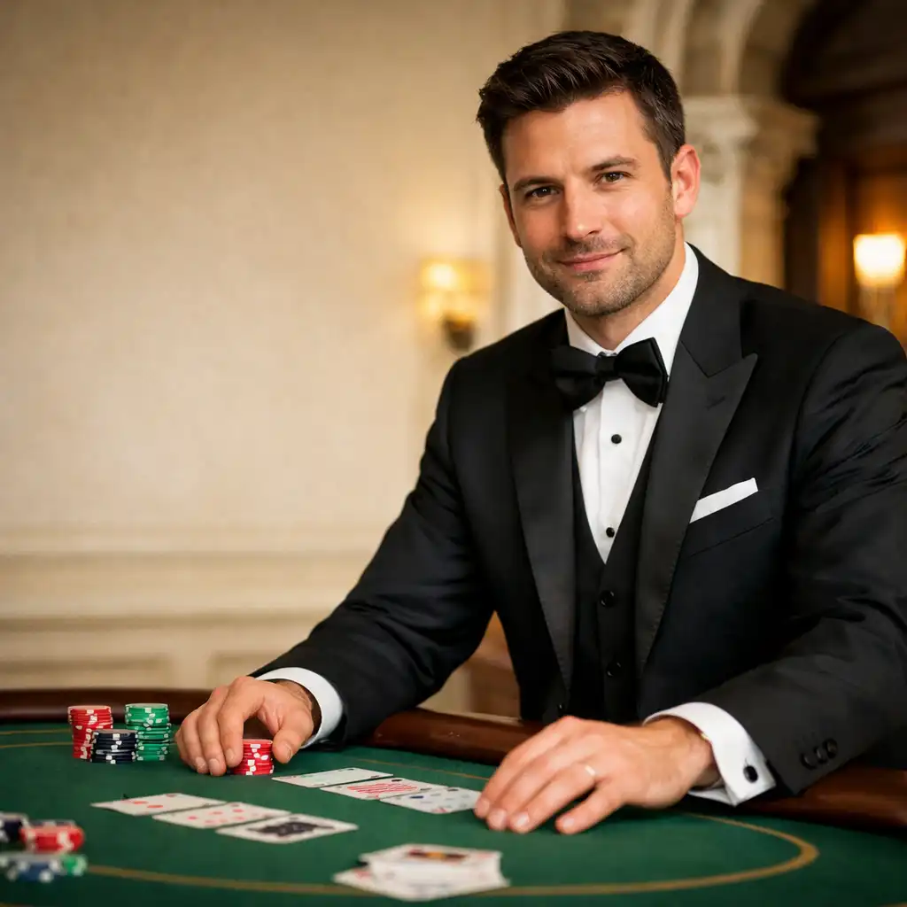 Elegancki krupier w smokingu stojący przy stole do pokera w jasnym, dziennym świetle