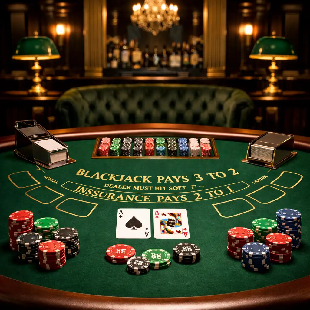 Elegancki stół do blackjacka z kartami i żetonami w stylu Casino Royale, z akcentami złota i zieleni