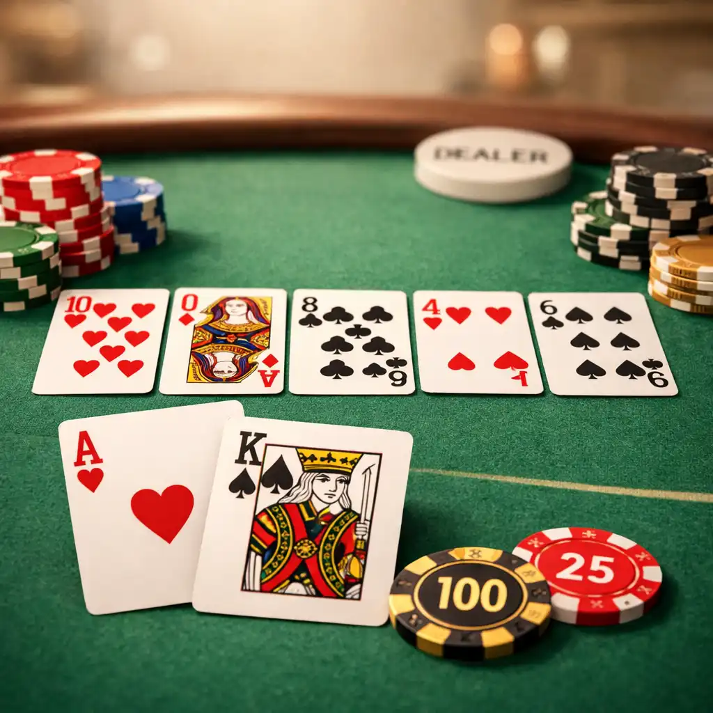 Zbliżenie na stół do pokera Texas Hold'em z kartami i żetonami w eleganckim ułożeniu, jasne tło i ciepłe światło