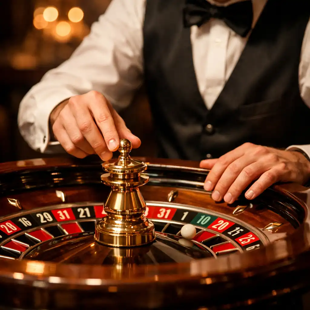 Detal stołu do ruletki podczas eventu, krupier w eleganckim stroju, zbliżenie na ręce i koło