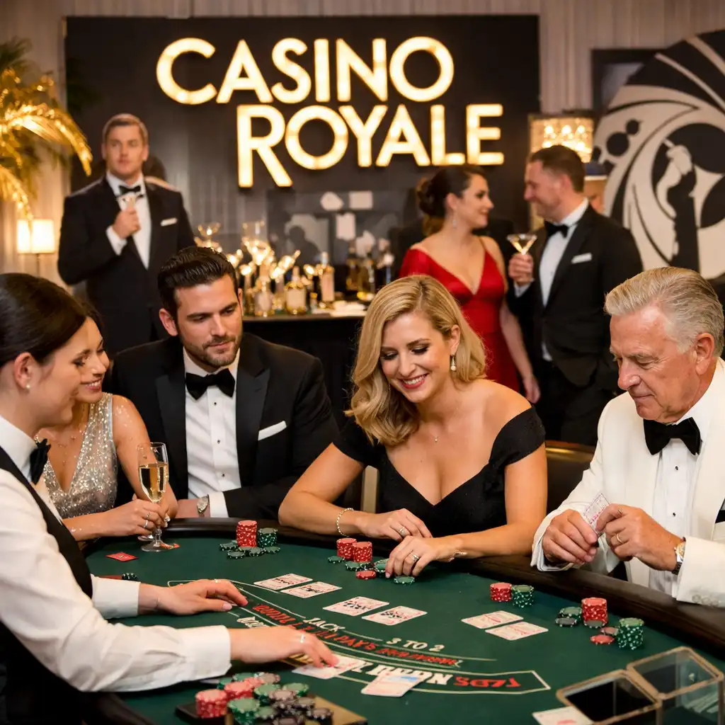 Wieczór tematyczny Casino Royale: goście w eleganckich strojach przy stole do blackjacka
