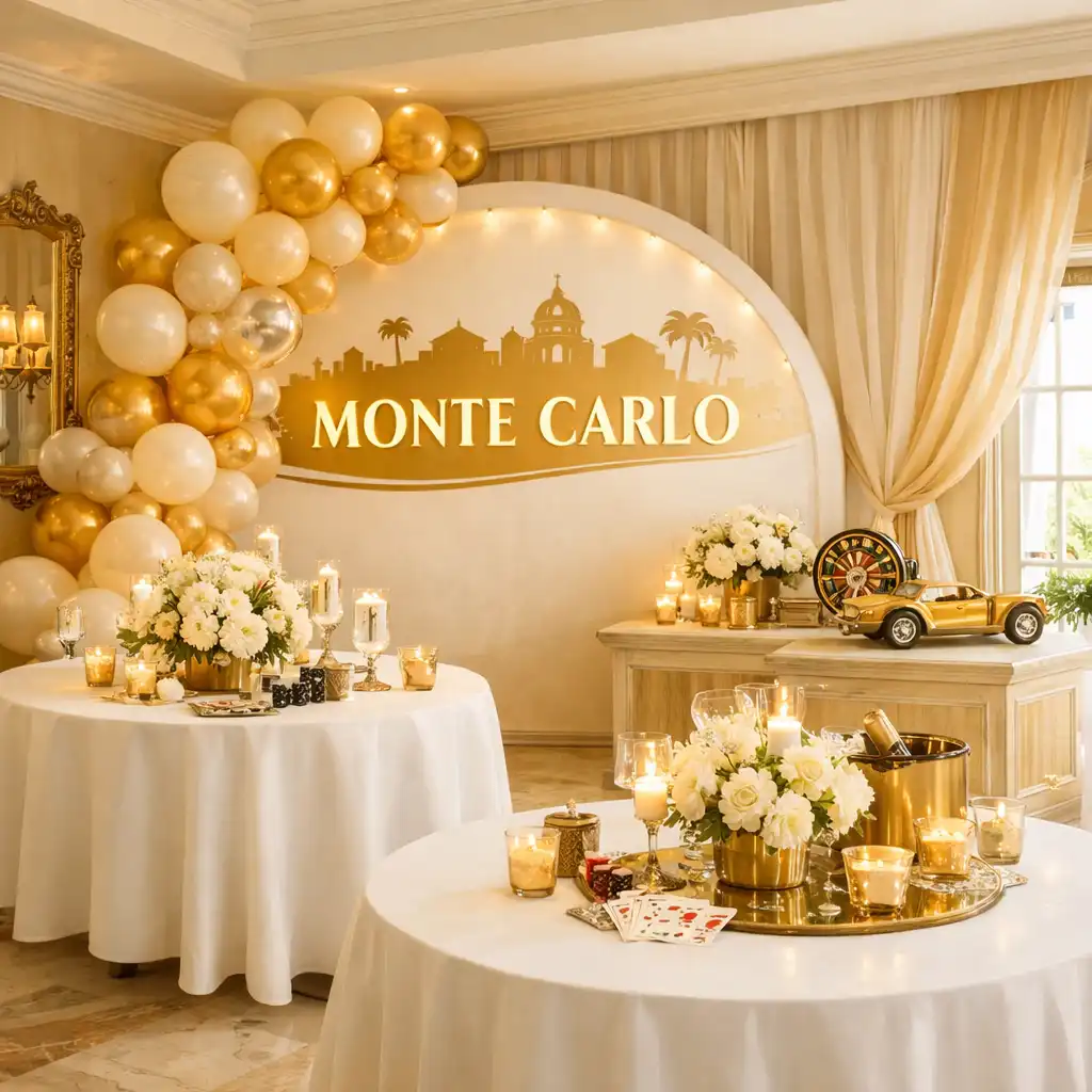 Dekoracja tematyczna w stylu Monte Carlo ze złotymi akcentami