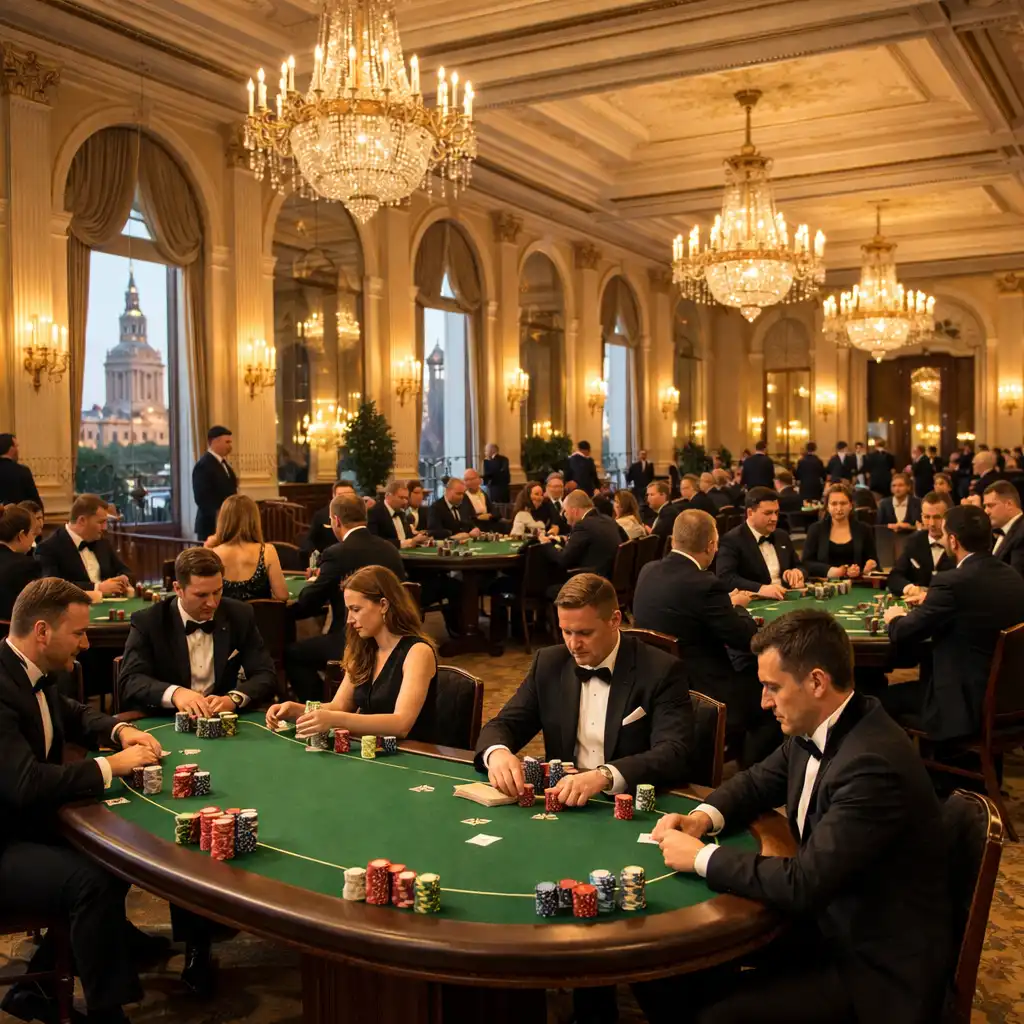 Elegancka sala bankietowa w Warszawie z dziesięcioma stołami turniejowymi i gośćmi w strojach black tie