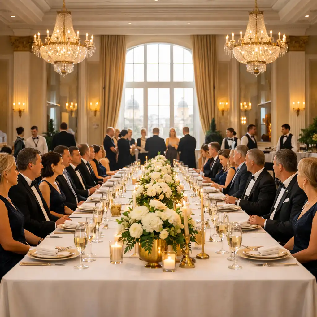 Elegancka gala korporacyjna w Warszawie z długimi stołami i złotymi akcentami