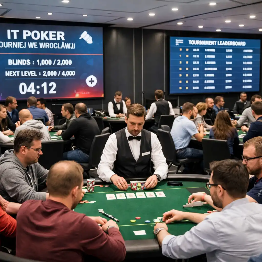 Turniej pokerowy dla firm IT we Wrocławiu z nowoczesną salą konferencyjną, stołami turniejowymi i ekranami z wynikami